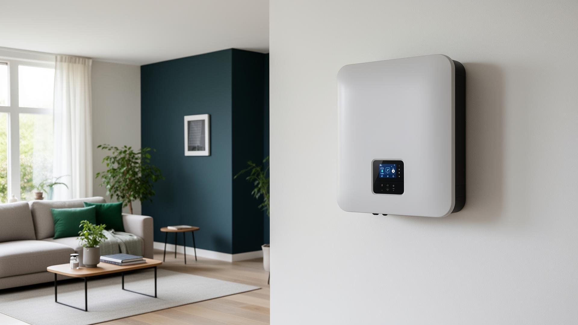 Slimme thuisbatterij gemonteerd in een moderne woonkamer